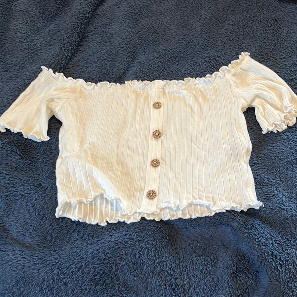 very cropped white off the shoulder top
